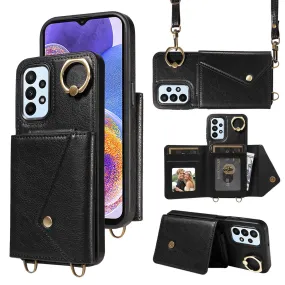 002 For Samsung Galaxy A23 4G / A23 5G (Global Version) Back Cover Card Bag Ring Kickstand Litchi Texture Leather Coated TPU Phone Case with Shoulder Strap