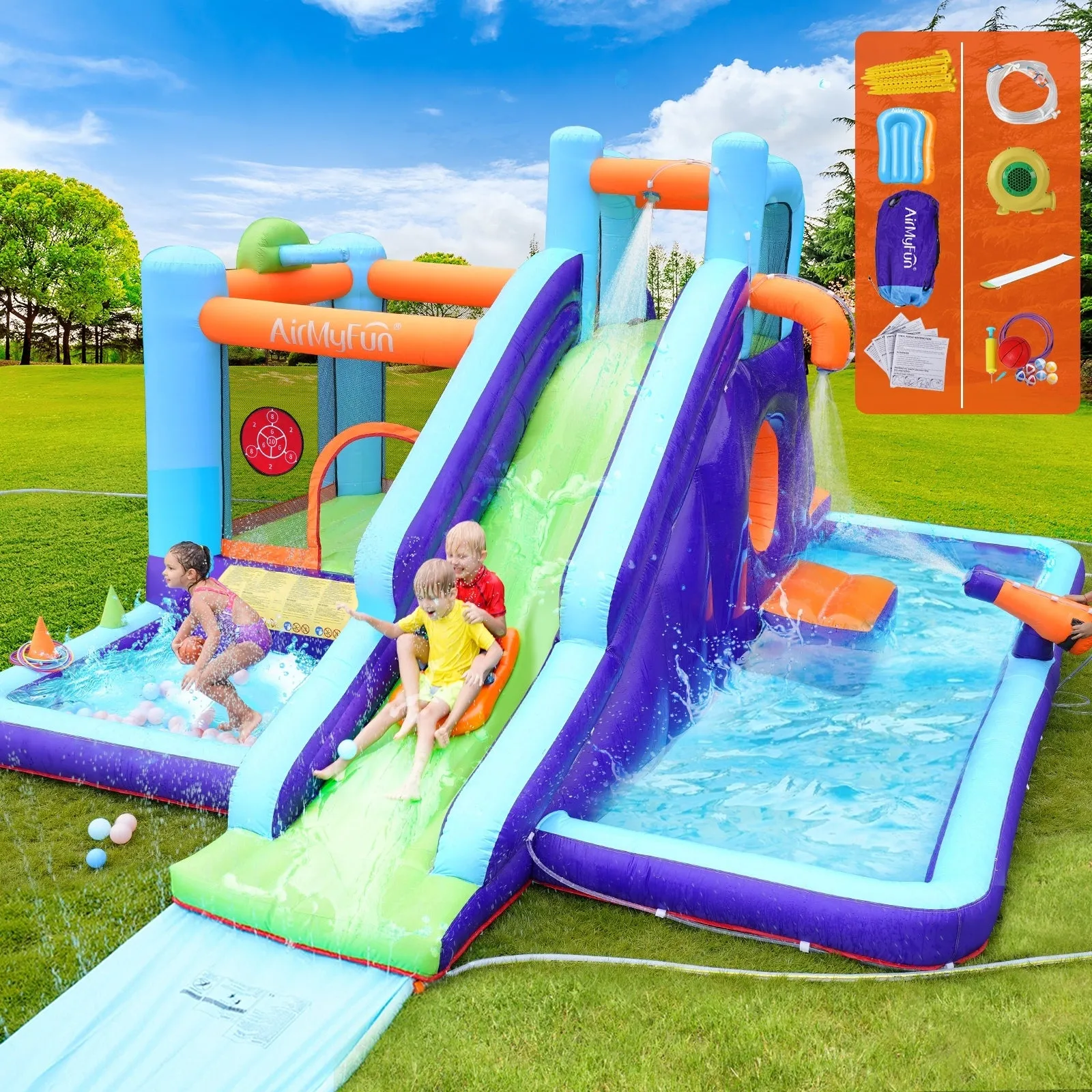 AirMyFun Inflatable WaterSlide Trampoline Castle Bounce House Splash Jumping Toy