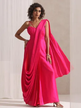 All is Well - 1 Pc Dress Saree with Adjustable Straps in Fuschia Satin