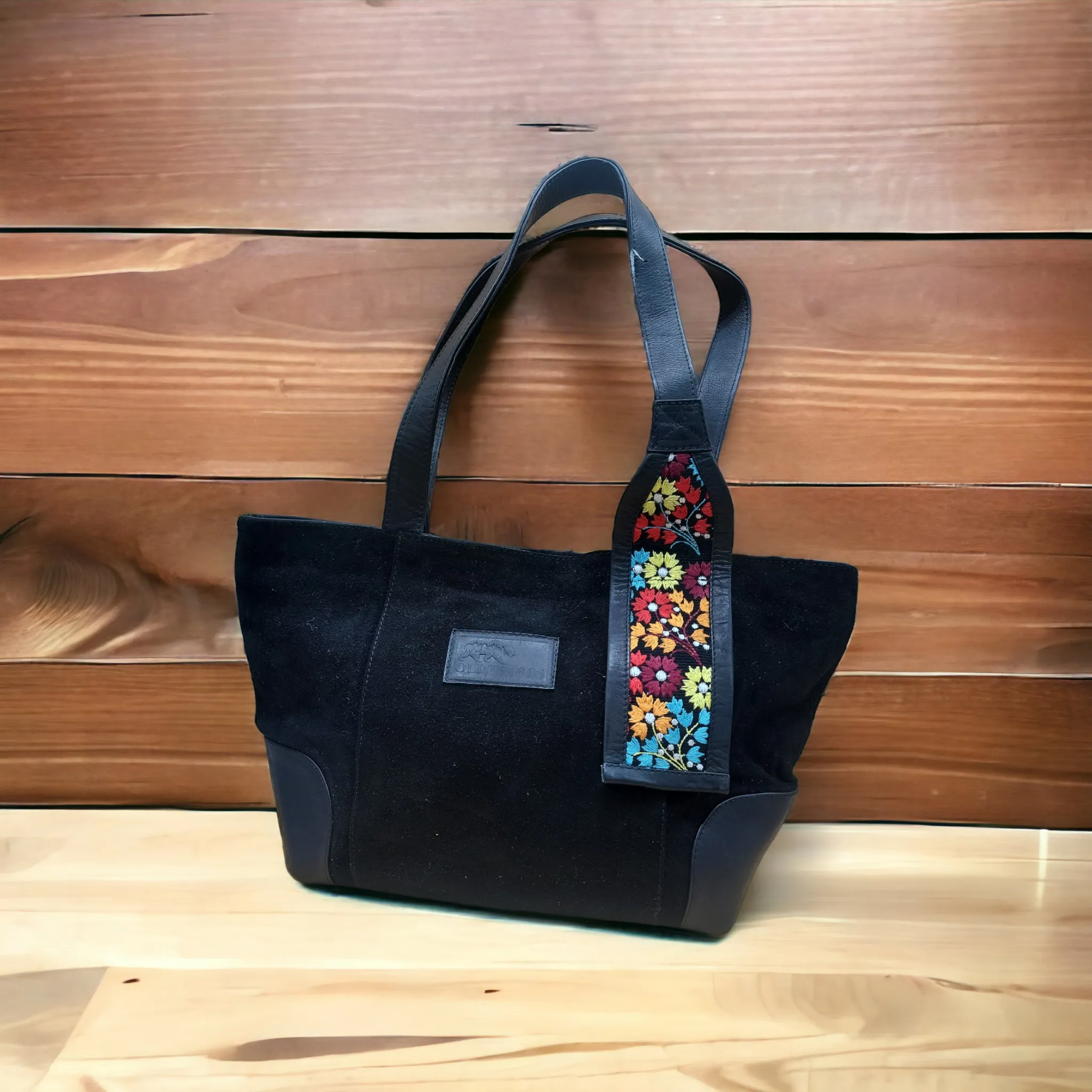 Black Leather embroidery bag