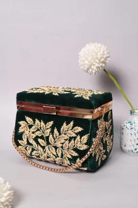 Dark Green Color Velvet Box Clutch Bag with Hand Zardosi Work