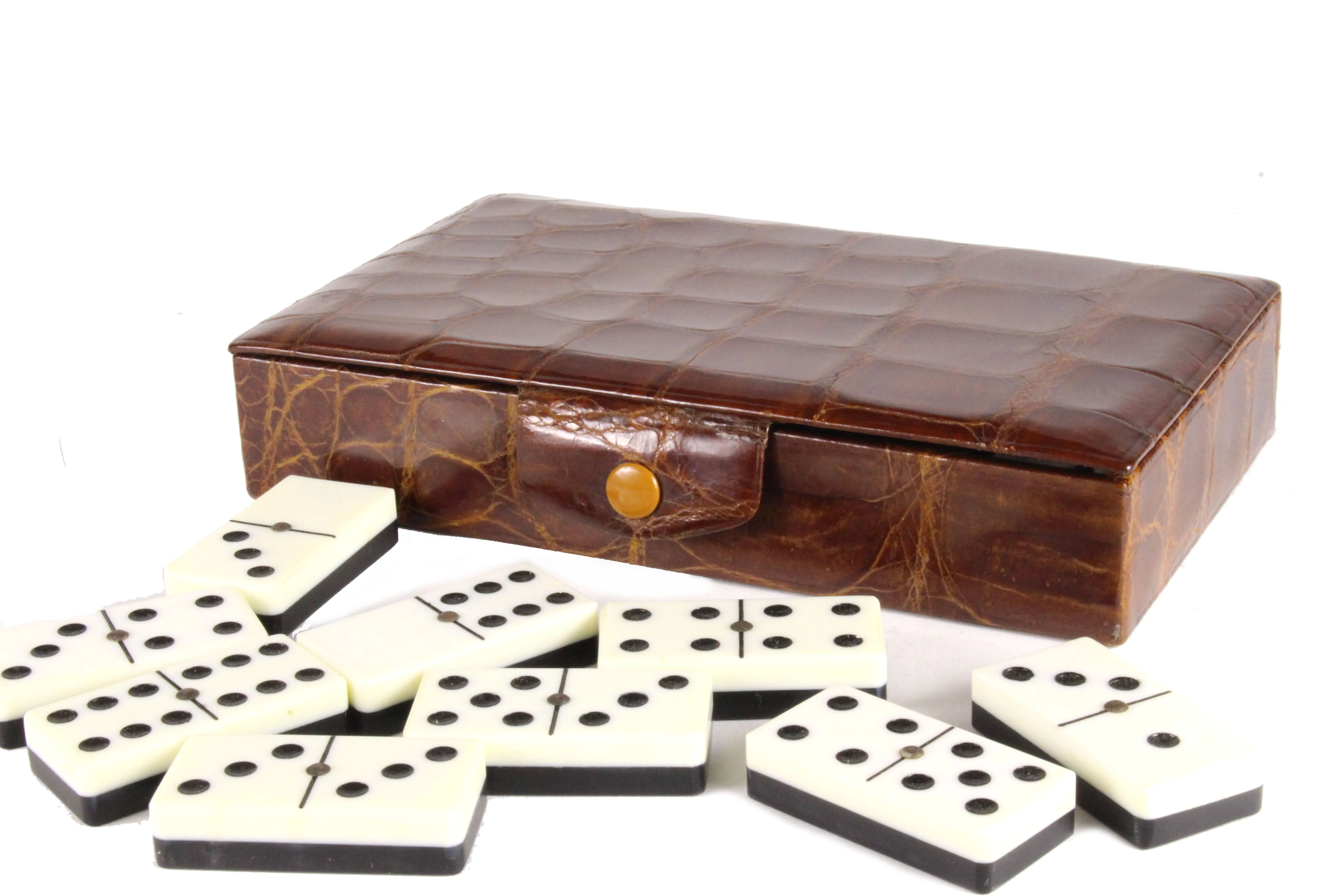 Domino game set brown crocodile skin case