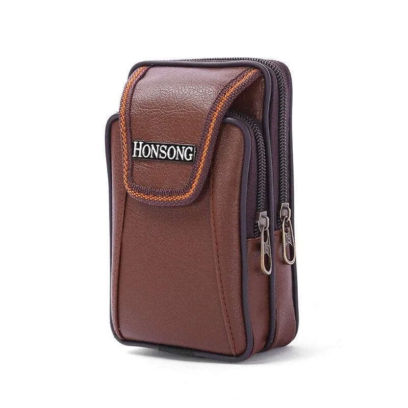 Faux Leather Casual Double Zipper Phone Bag Waist Bag For Men