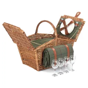 Four Person Fully Fitted Lidded Picnic Basket Hamper in Green Tweed 126 by Willow