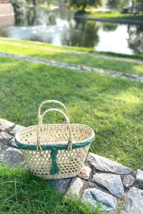 Handcrafted Reed Tote With Sage Macrame