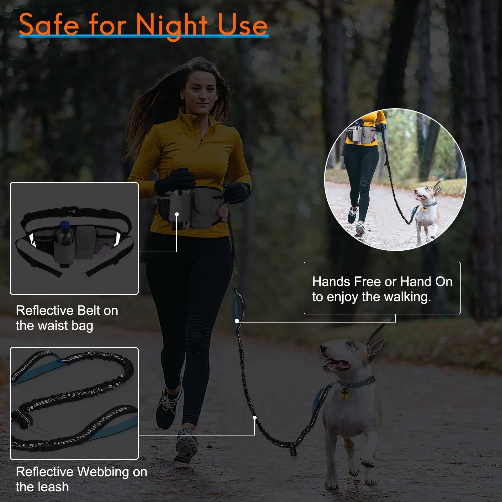 Hands Free Dog Leash with Waist Bag for Walking Small Medium Large Dogs;  Reflective Bungee Leash with Car Seatbelt Buckle and Dual Padded Handles;  Adjustable Waist Belt