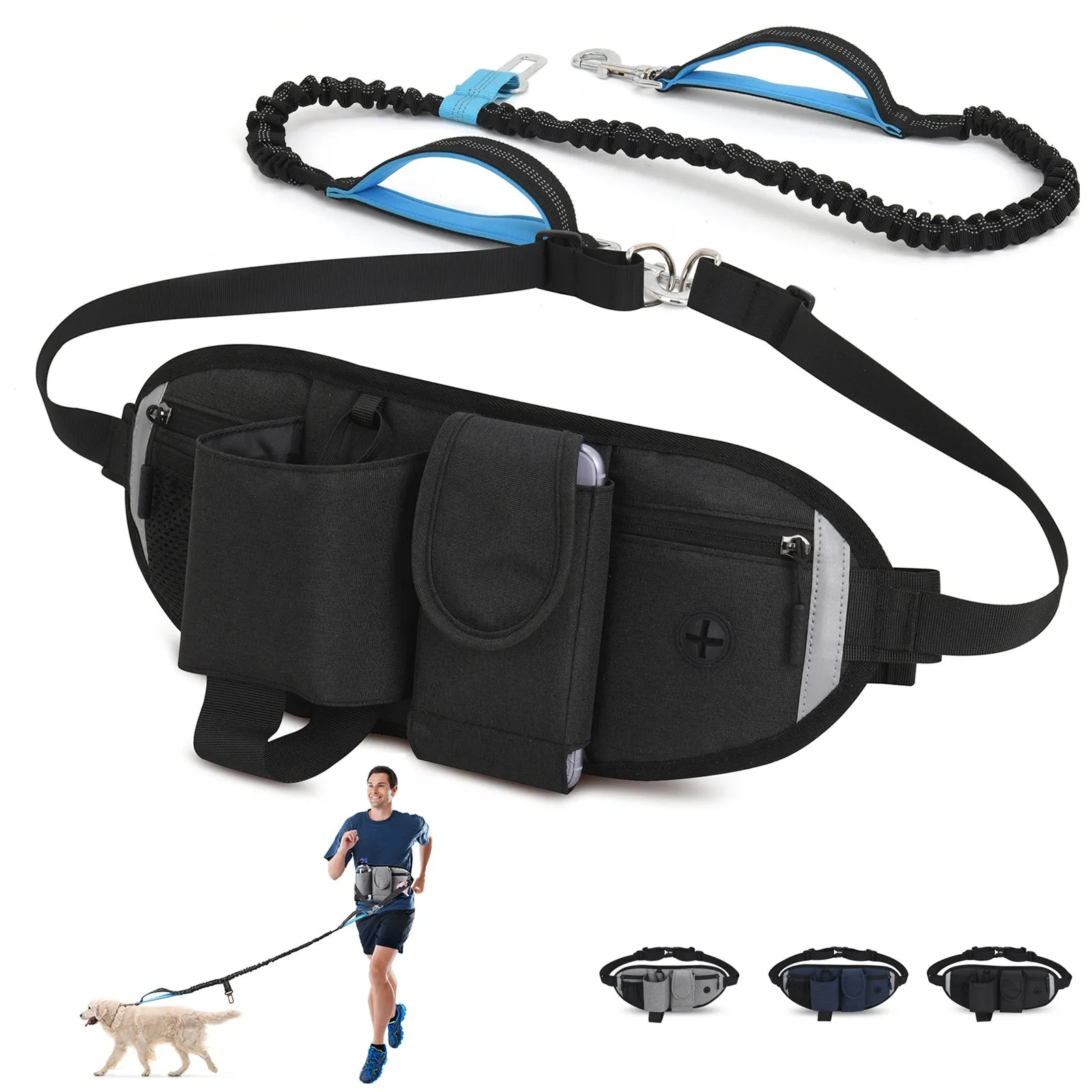 Hands Free Dog Leash with Waist Bag for Walking Small Medium Large Dogs;  Reflective Bungee Leash with Car Seatbelt Buckle and Dual Padded Handles;  Adjustable Waist Belt