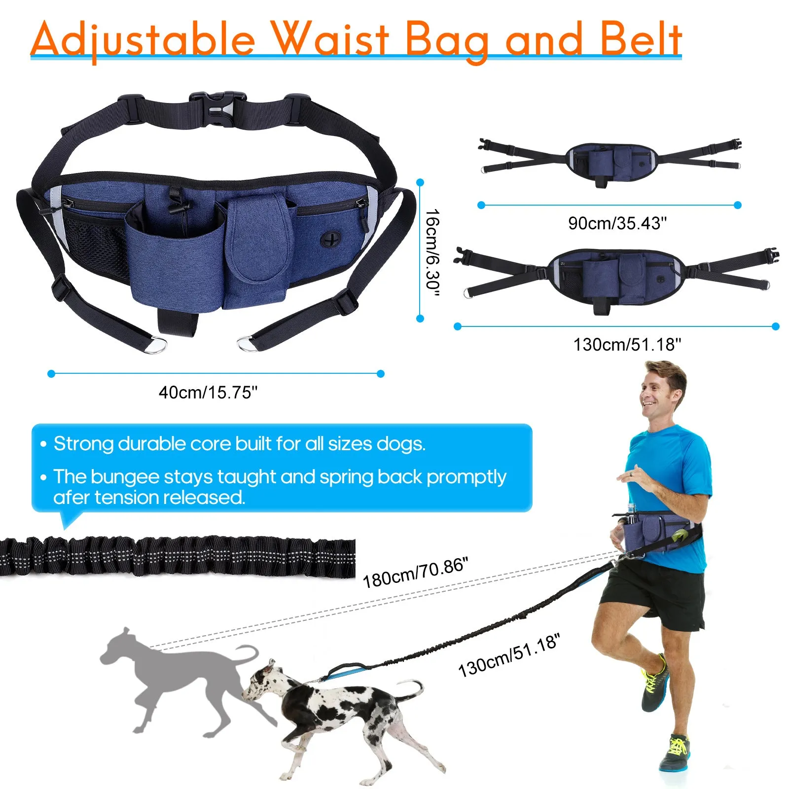 Hands Free Dog Leash with Waist Bag for Walking Small Medium Large Dogs;  Reflective Bungee Leash with Car Seatbelt Buckle and Dual Padded Handles;  Adjustable Waist Belt