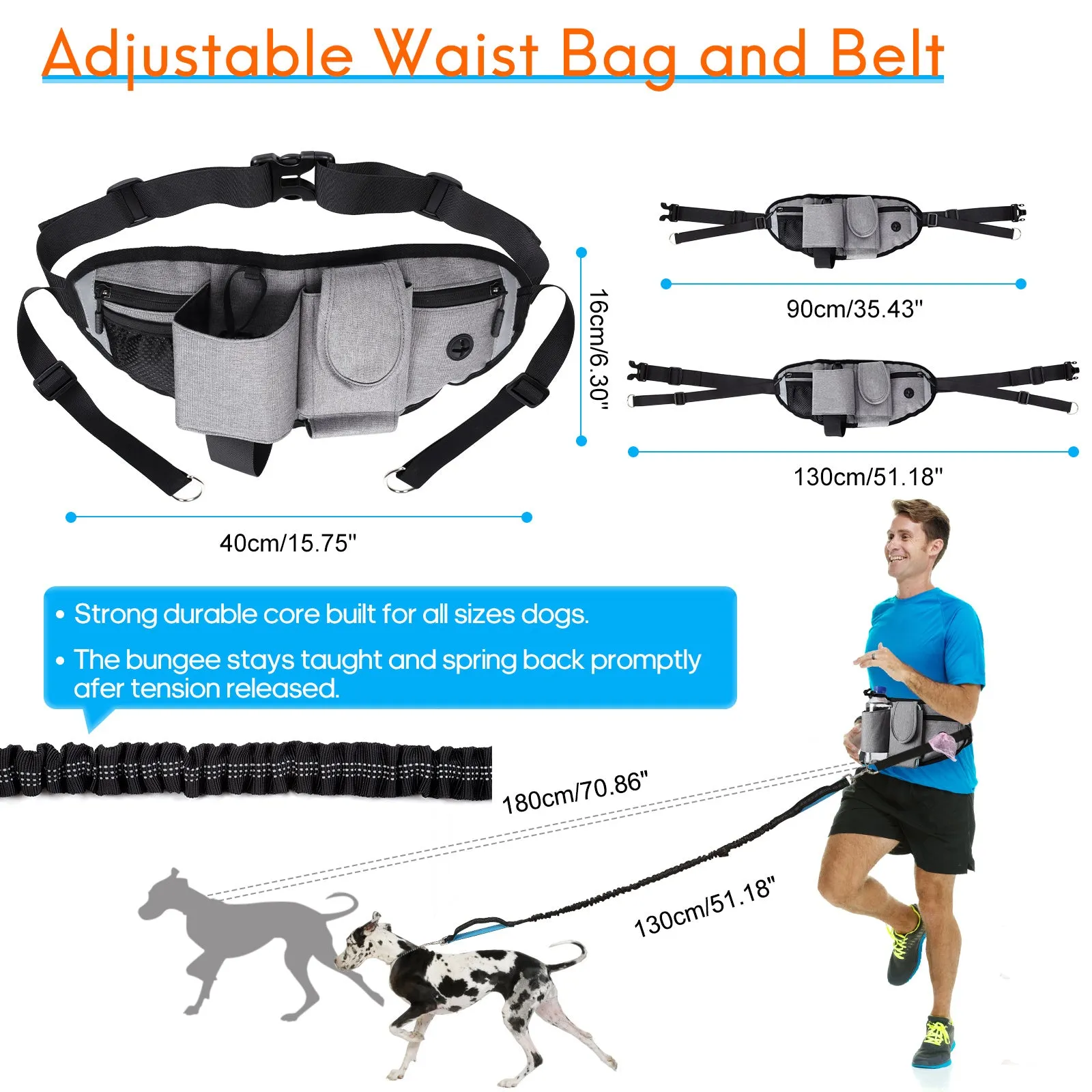 Hands Free Dog Leash with Waist Bag for Walking Small Medium Large Dogs;  Reflective Bungee Leash with Car Seatbelt Buckle and Dual Padded Handles;  Adjustable Waist Belt