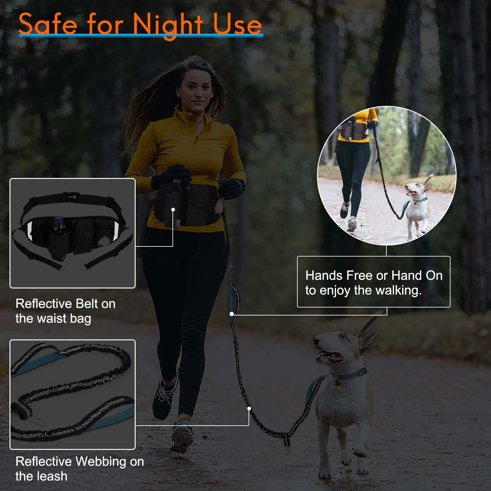 Hands Free Dog Leash with Waist Bag for Walking Small Medium Large Dogs;  Reflective Bungee Leash with Car Seatbelt Buckle and Dual Padded Handles;  Adjustable Waist Belt