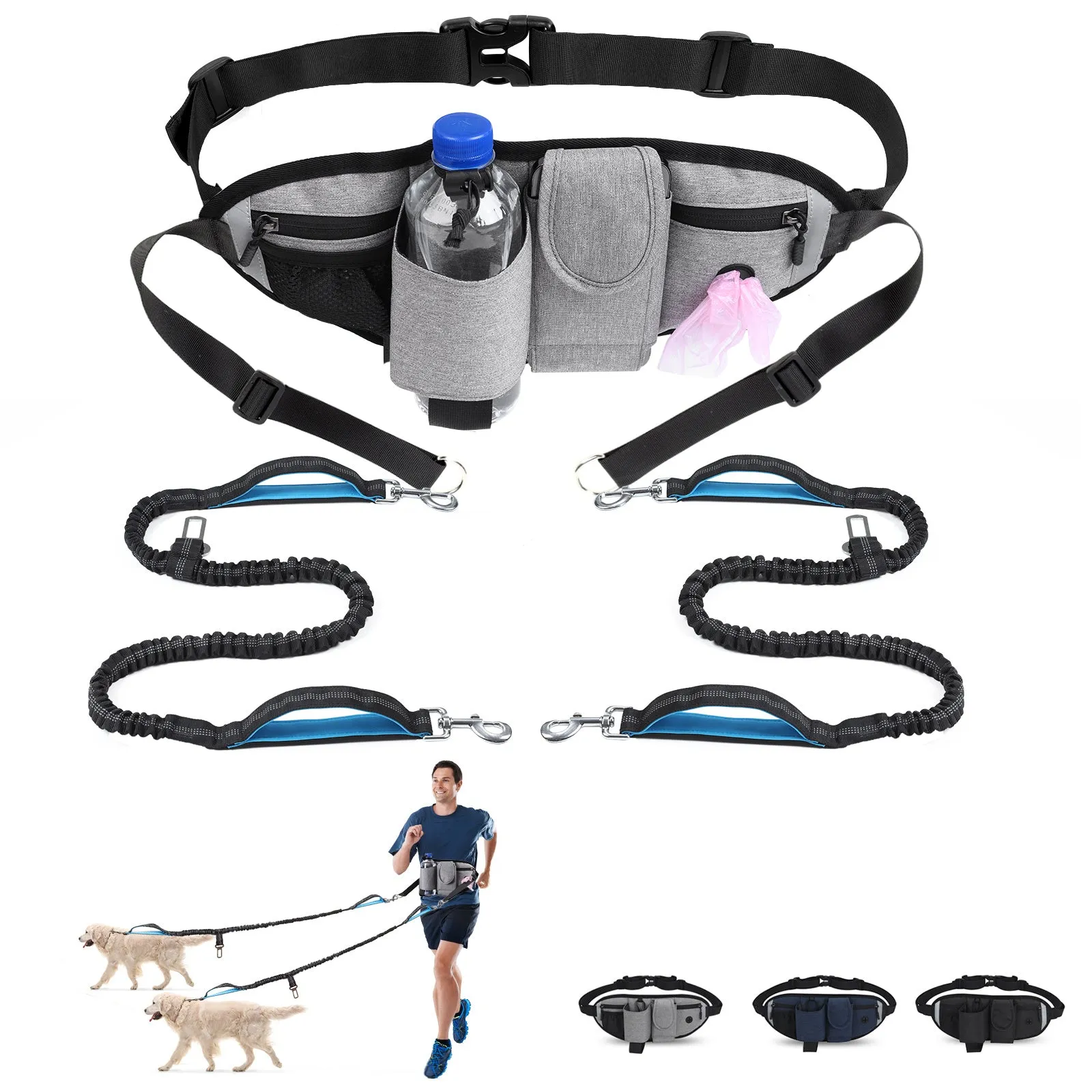 Hands Free Dog Leash with Waist Bag for Walking Small Medium Large Dogs;  Reflective Bungee Leash with Car Seatbelt Buckle and Dual Padded Handles;  Adjustable Waist Belt