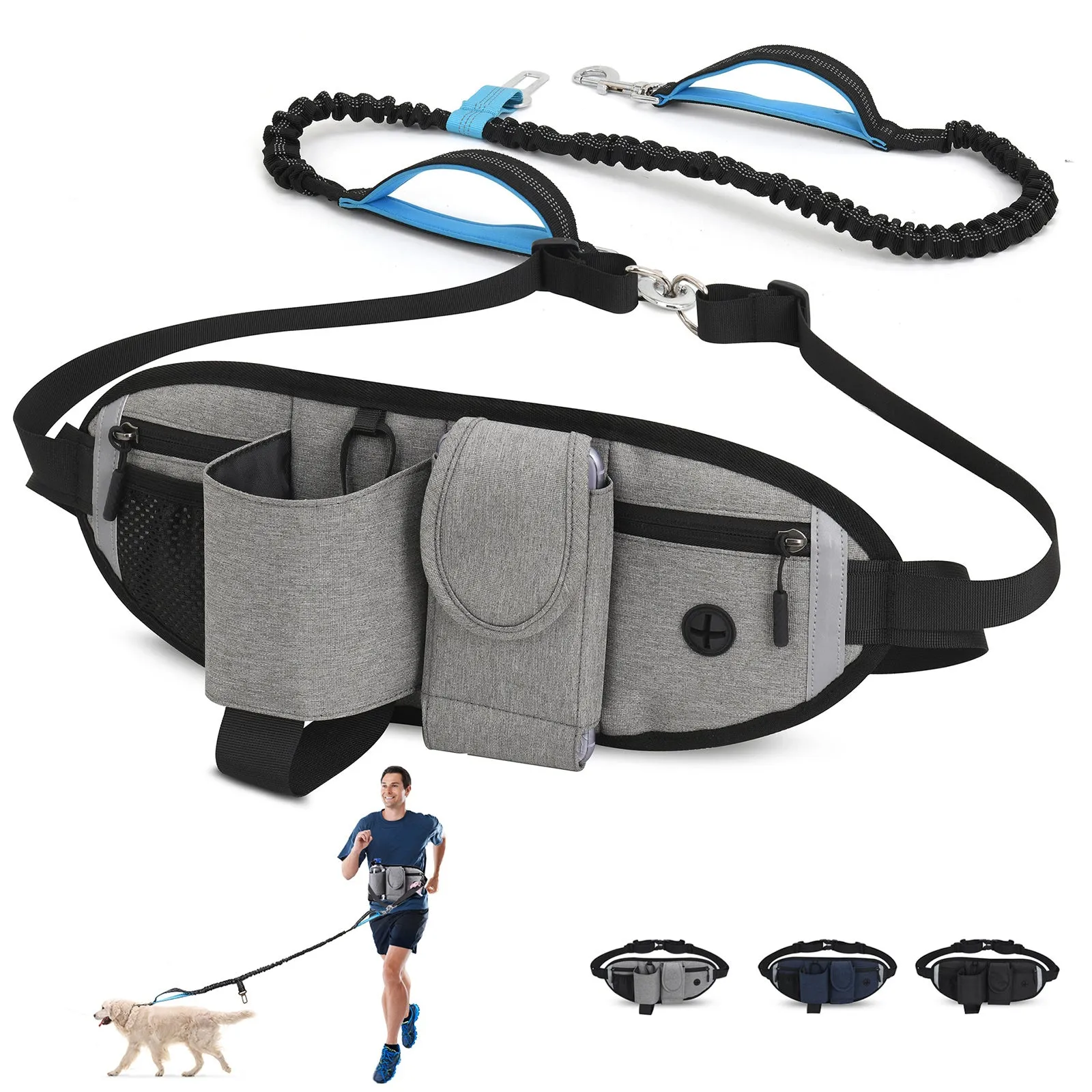 Hands Free Dog Leash with Waist Bag for Walking Small Medium Large Dogs;  Reflective Bungee Leash with Car Seatbelt Buckle and Dual Padded Handles;  Adjustable Waist Belt