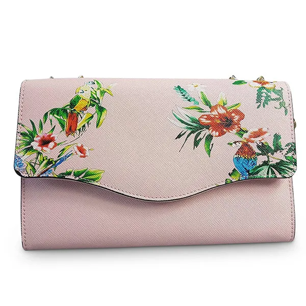 IVANHOE - Addison Road Blush Leather Clutch Bag with Tropical Print