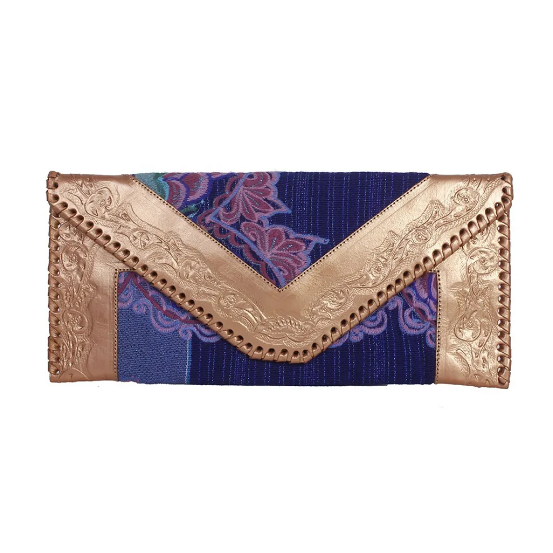 Leather Stamped Upcycled Zinacantan Clutch Bag - Mexico