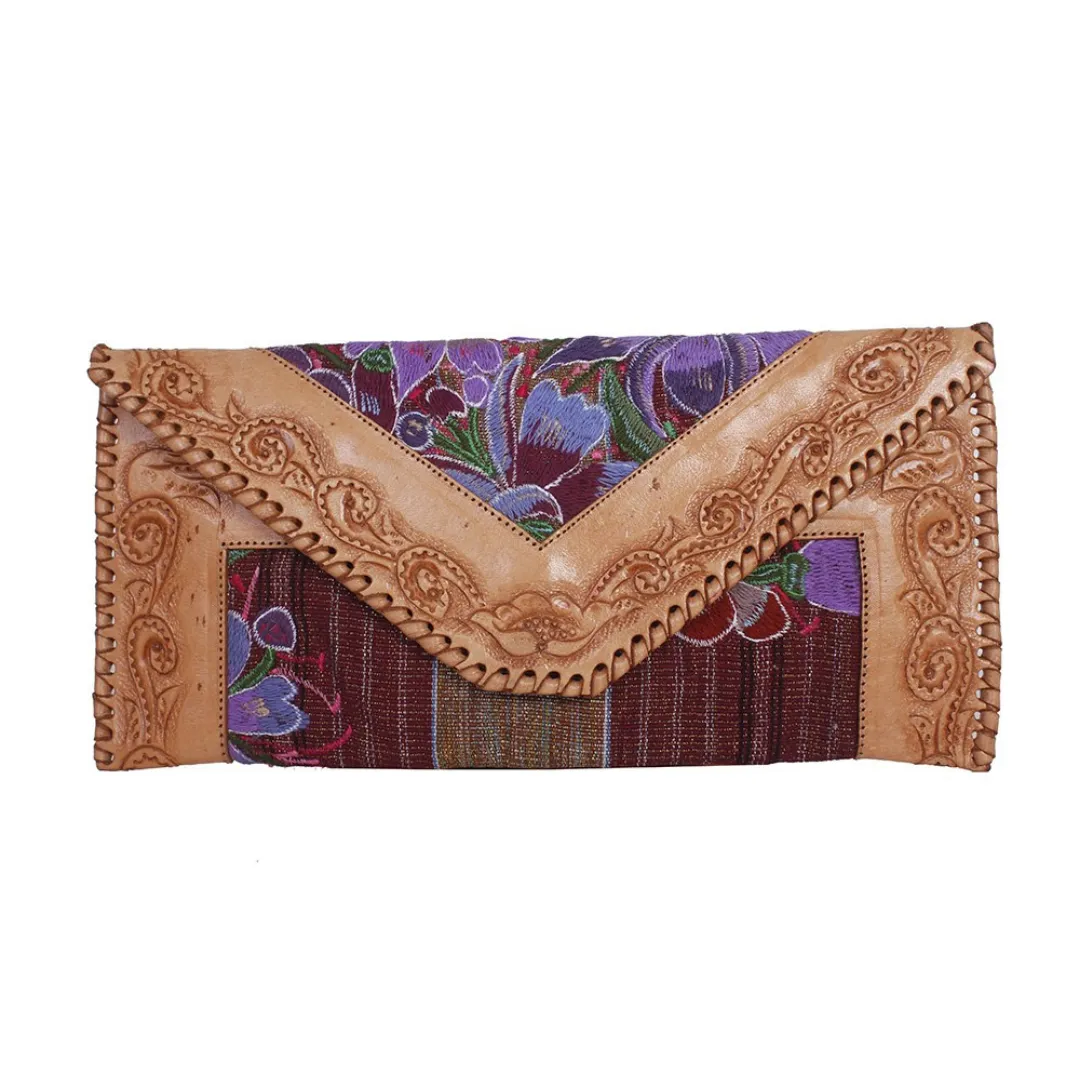 Leather Stamped Upcycled Zinacantan Clutch Bag - Mexico