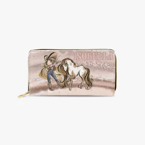 Long Type Zipper Purse, Howdy, Cowgirl & Horse, Blonde Hair Blue Eyes, Personalised