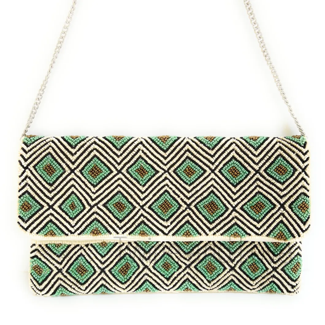 Mint Geo Print Beaded Clutch Purse