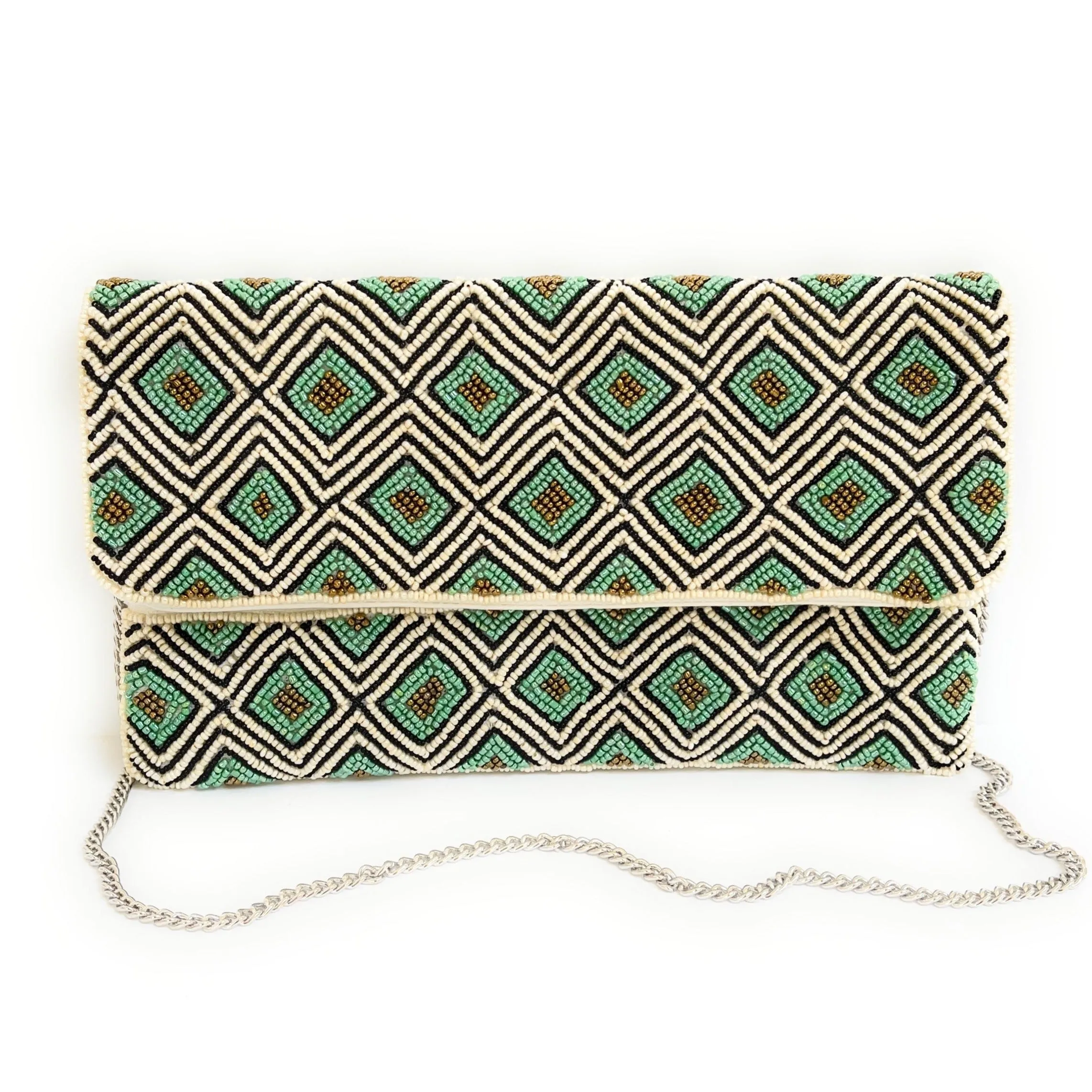 Mint Geo Print Beaded Clutch Purse