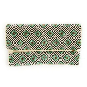 Mint Geo Print Beaded Clutch Purse