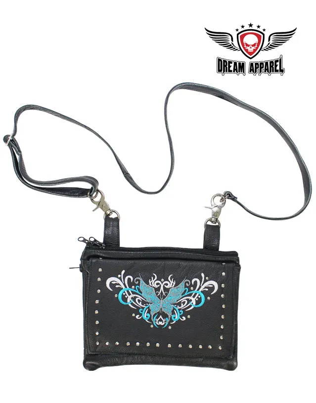 Naked Cowhide Leather Turquoise Butterfly Belt Bag W/ Studs