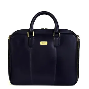 Navy Blue Office Briefcase with Padded Laptop Sleeve in Genuine Leather