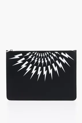 Neil Barrett Leather FAIR-ISLE THUNDERBOLT Pouch with Zip Closure