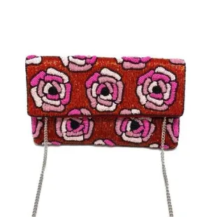 Red Beaded Clutch W/ Pink Rose