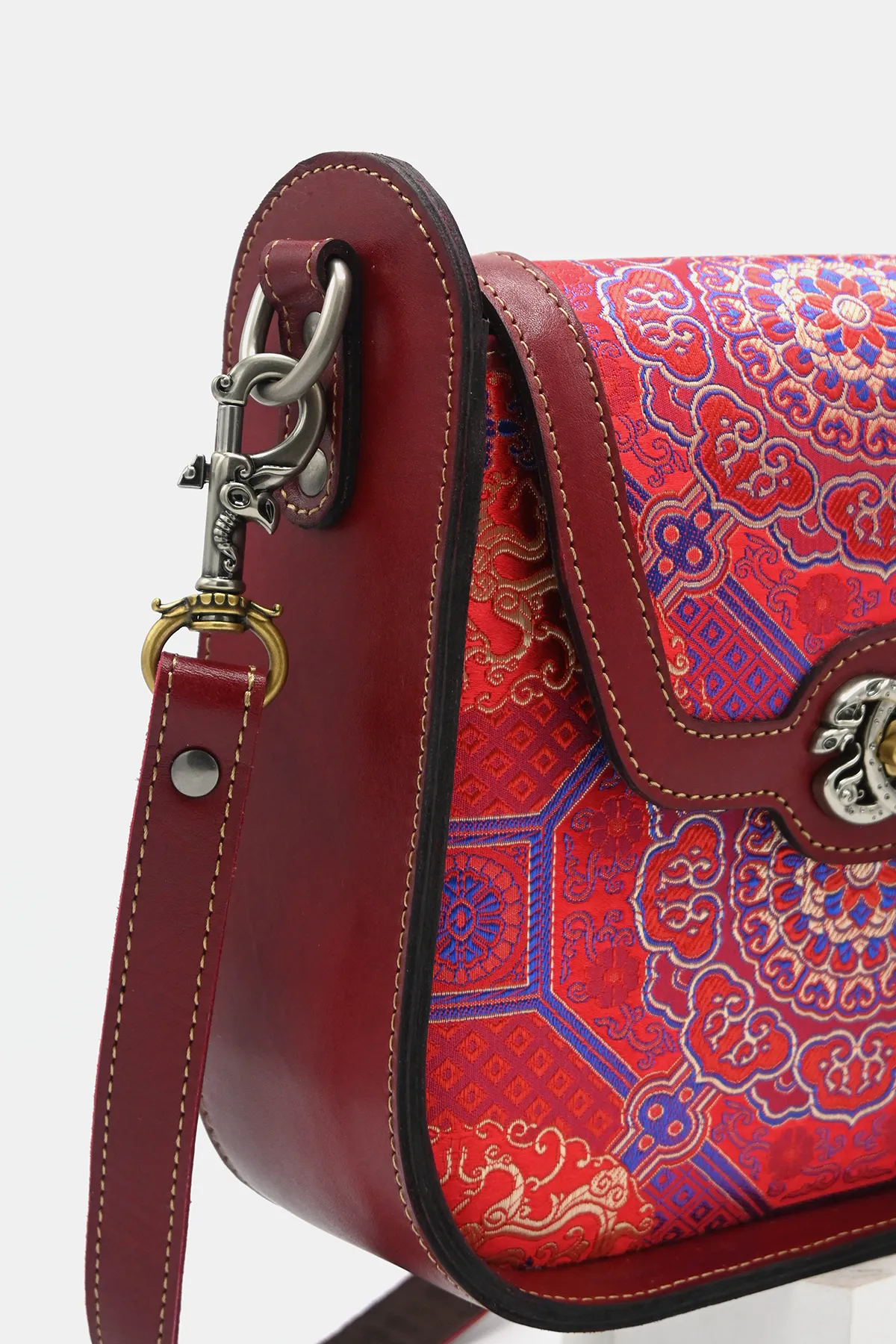 Silk Detailed Red Leather Bag