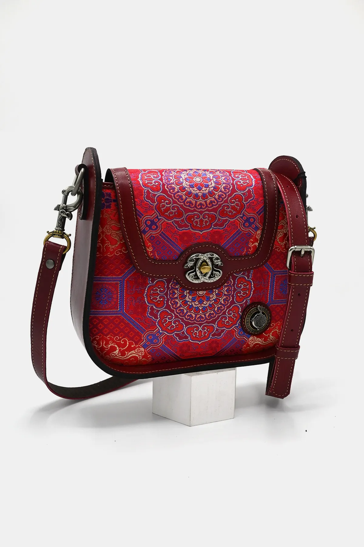 Silk Detailed Red Leather Bag