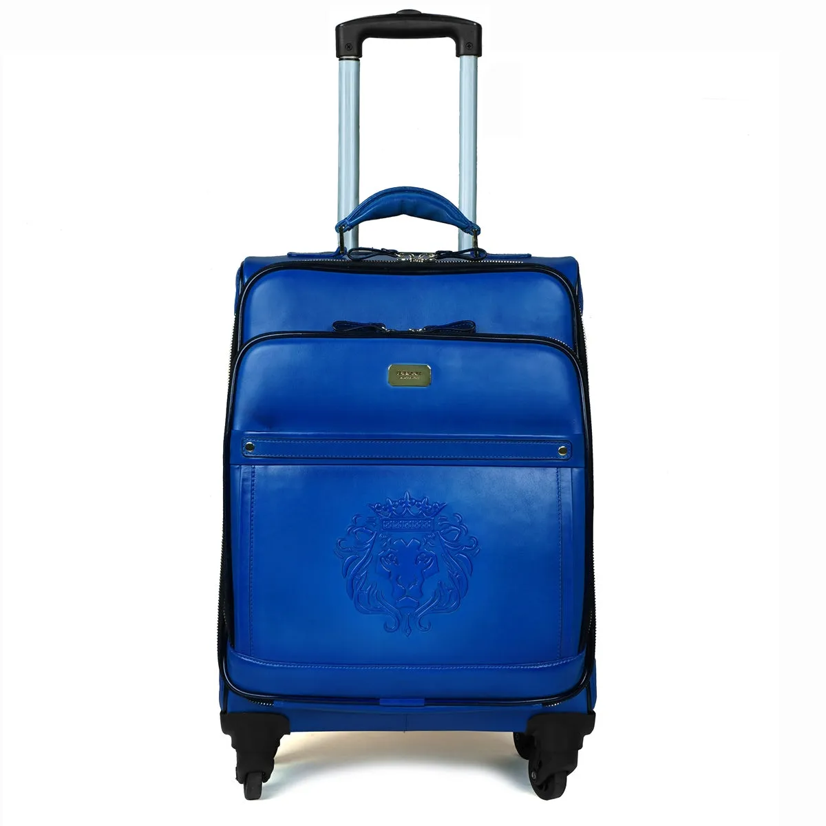 Sky Blue Leather Diamond Stitched Quad Wheel Trolley Bag With Embossed Lion Logo By Brune & Bareskin