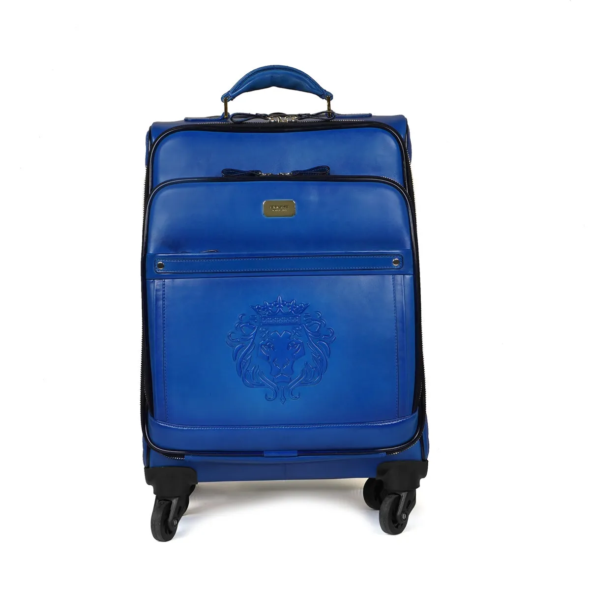 Sky Blue Leather Diamond Stitched Quad Wheel Trolley Bag With Embossed Lion Logo By Brune & Bareskin