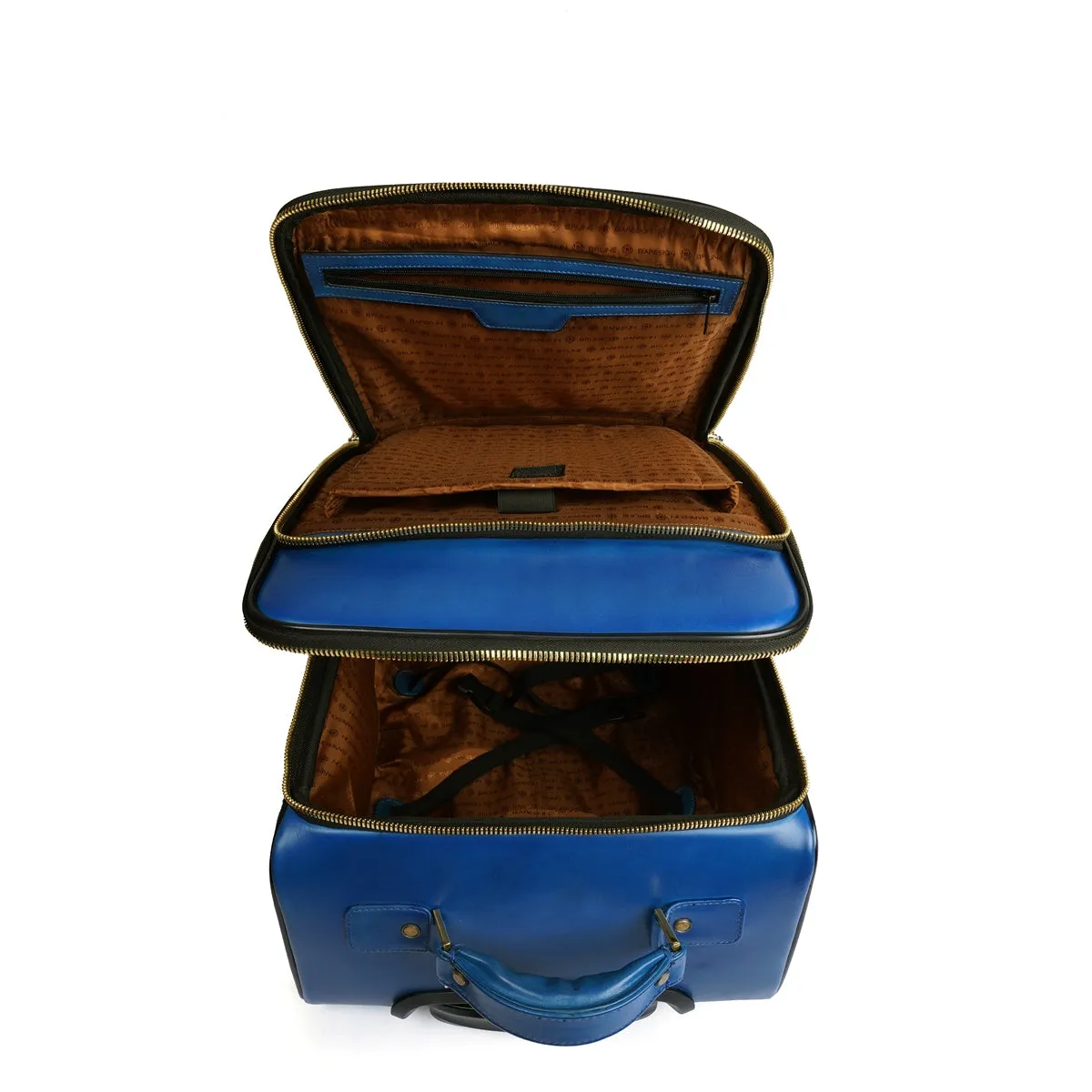 Sky Blue Leather Diamond Stitched Quad Wheel Trolley Bag With Embossed Lion Logo By Brune & Bareskin