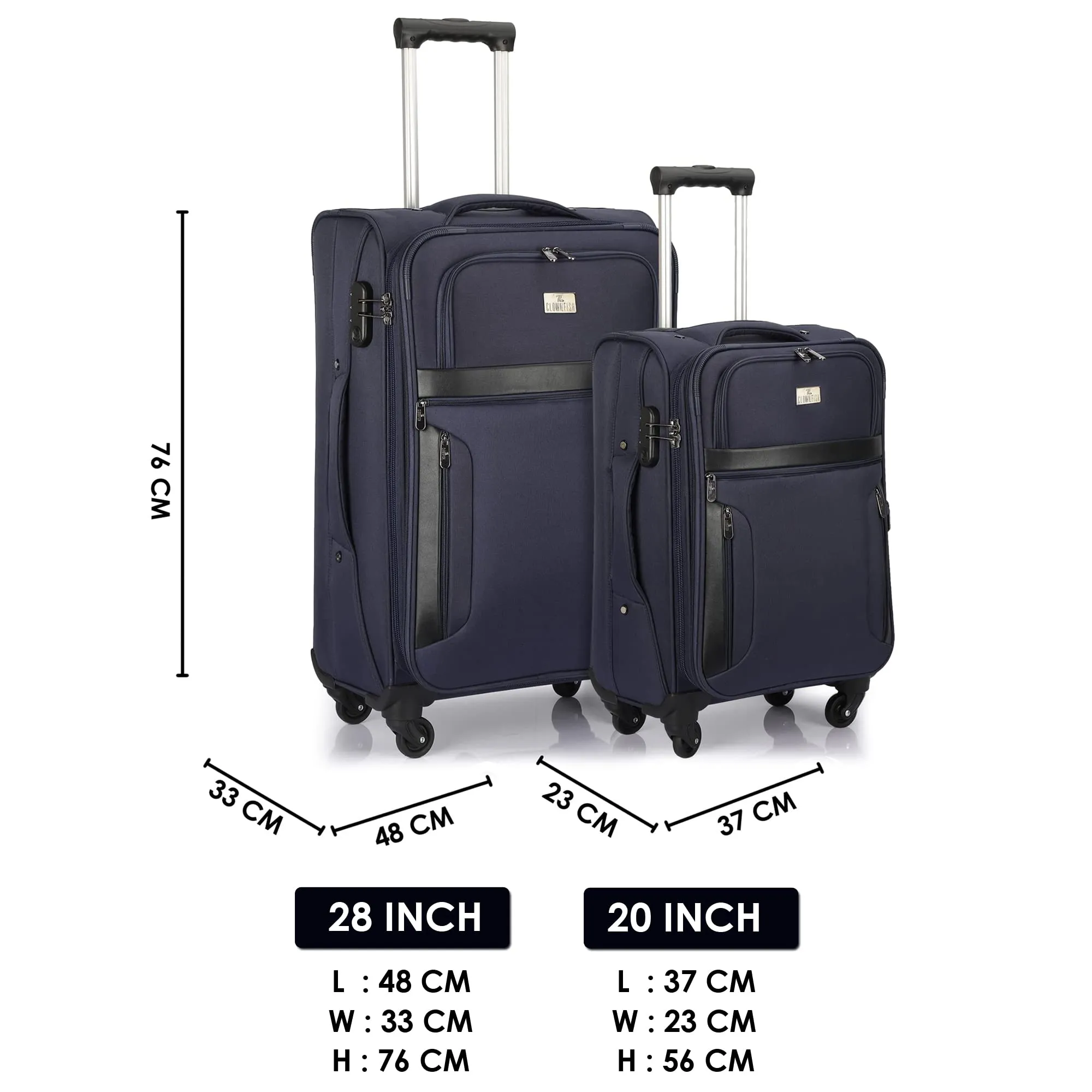 THE CLOWNFISH Combo of 2 Faramund Series Luggage Polyester Softsided Suitcases Four Wheel Trolley Bags - Navy Blue (76 cm, 56 cm)