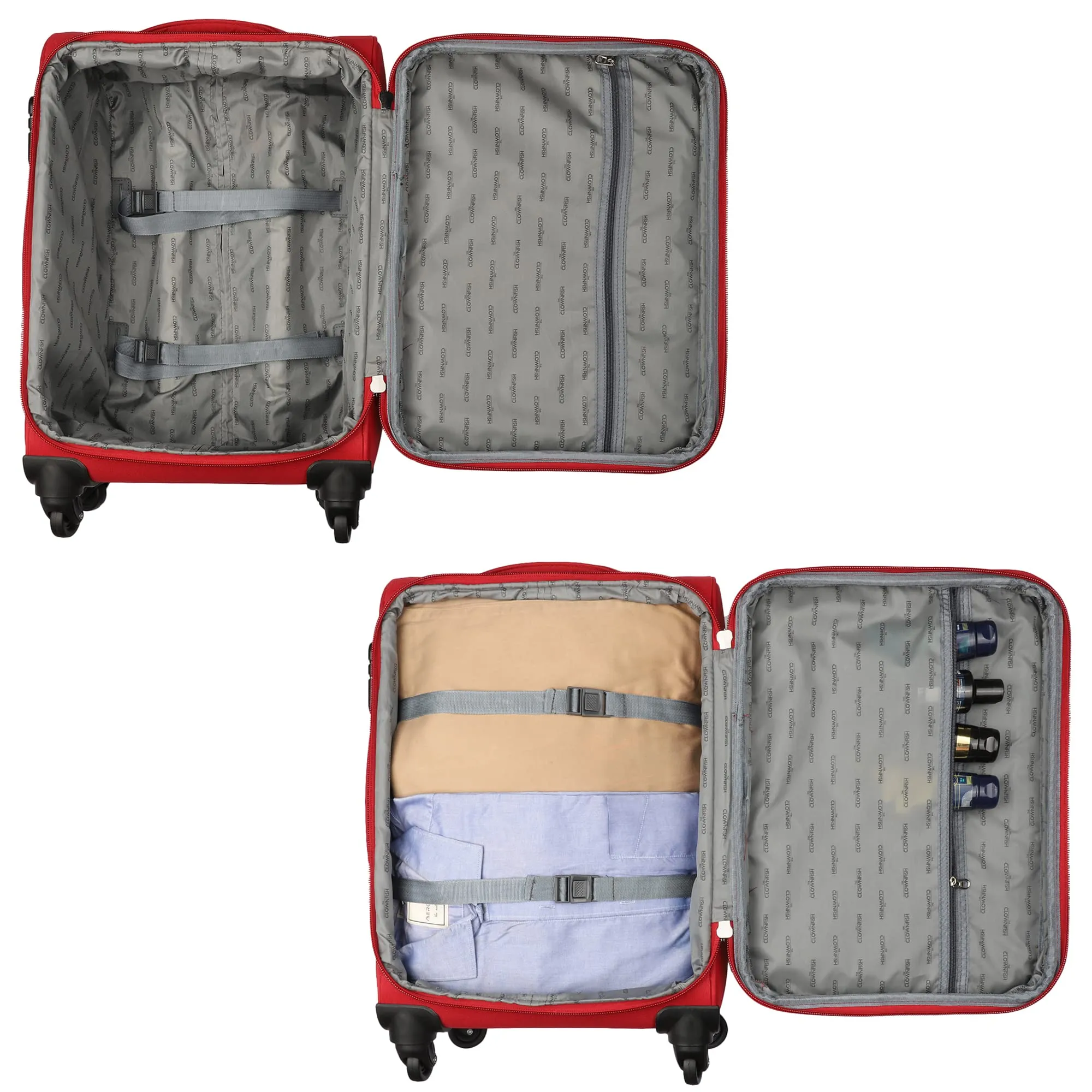 THE CLOWNFISH Combo of 2 Farren Series Luggage Polyester Softcase Suitcases Varied Sizes Four Wheel Trolley Bags - Red (68 cm, 56 cm)