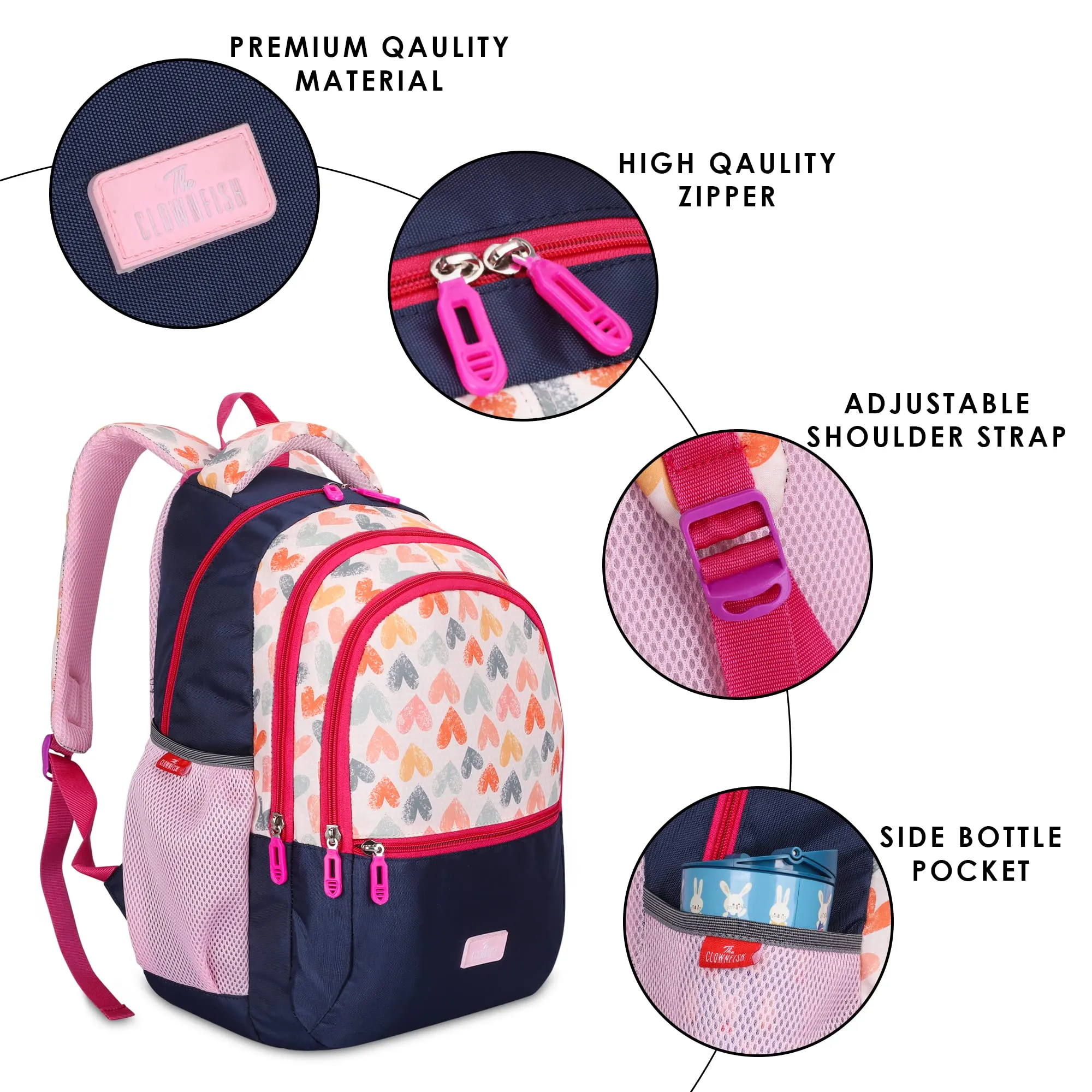 The Clownfish Edutrek Series Printed Polyester 36 L School Backpack with Pencil/Stationery Pouch School Bag Front Zip Pocket Daypack Picnic Bag For School Going Boys & Girls Age-10  years (Light Pink)