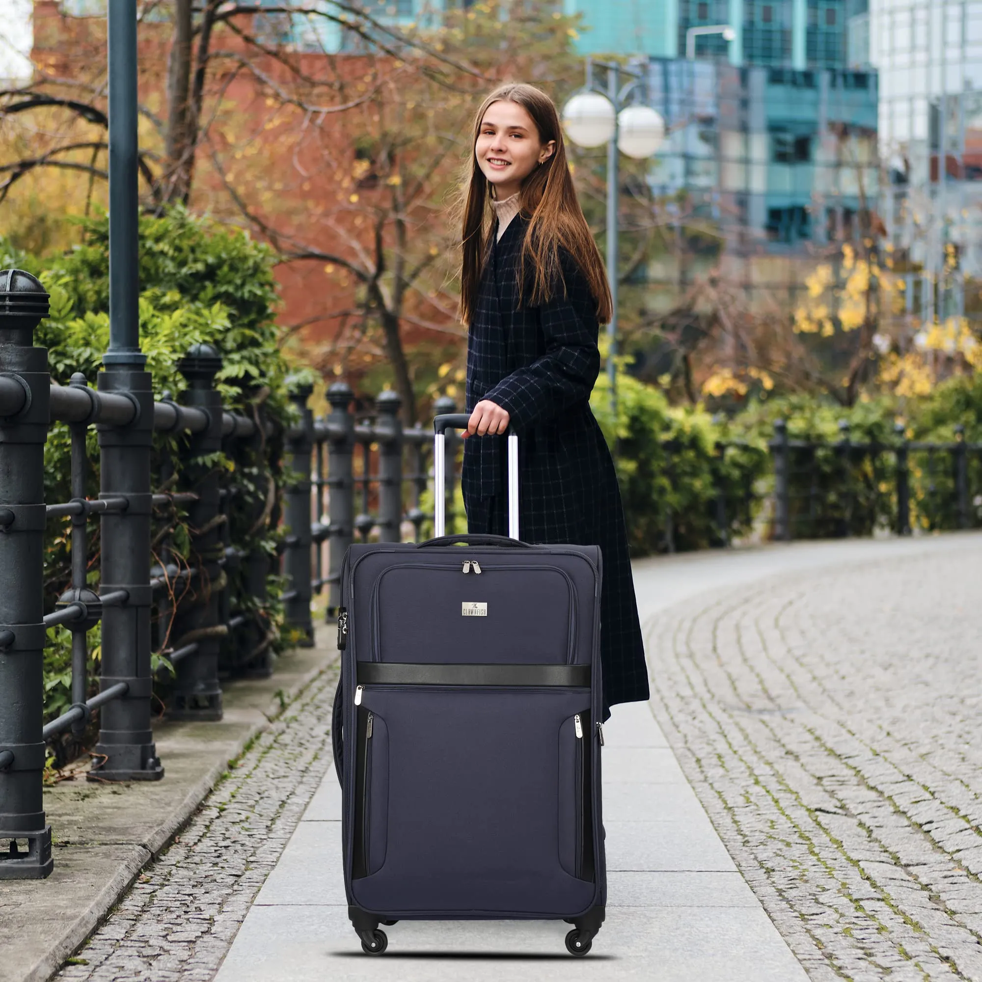 THE CLOWNFISH Faramund Series Luggage Polyester Softsided Suitcase Four Wheel Trolley Bag- Navy Blue (Large size- 76 cm)