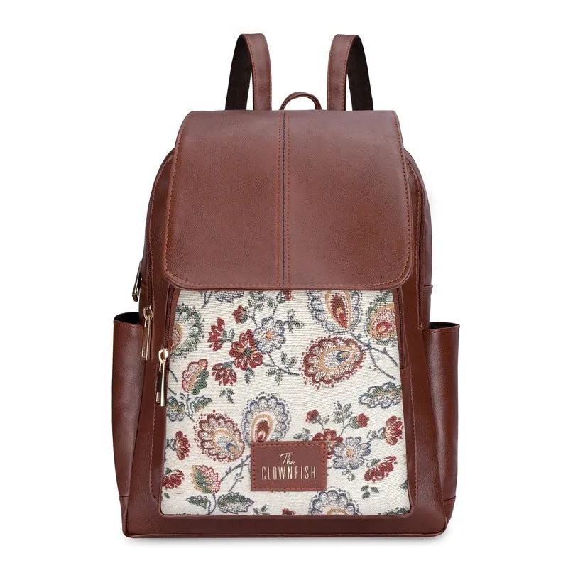 THE CLOWNFISH Medium Size Minerva Faux Leather & Tapestry Women's Standard Backpack College School Bag Casual Travel Standard Backpack For Ladies Girls (Dark Brown- Floral), 10 Litre