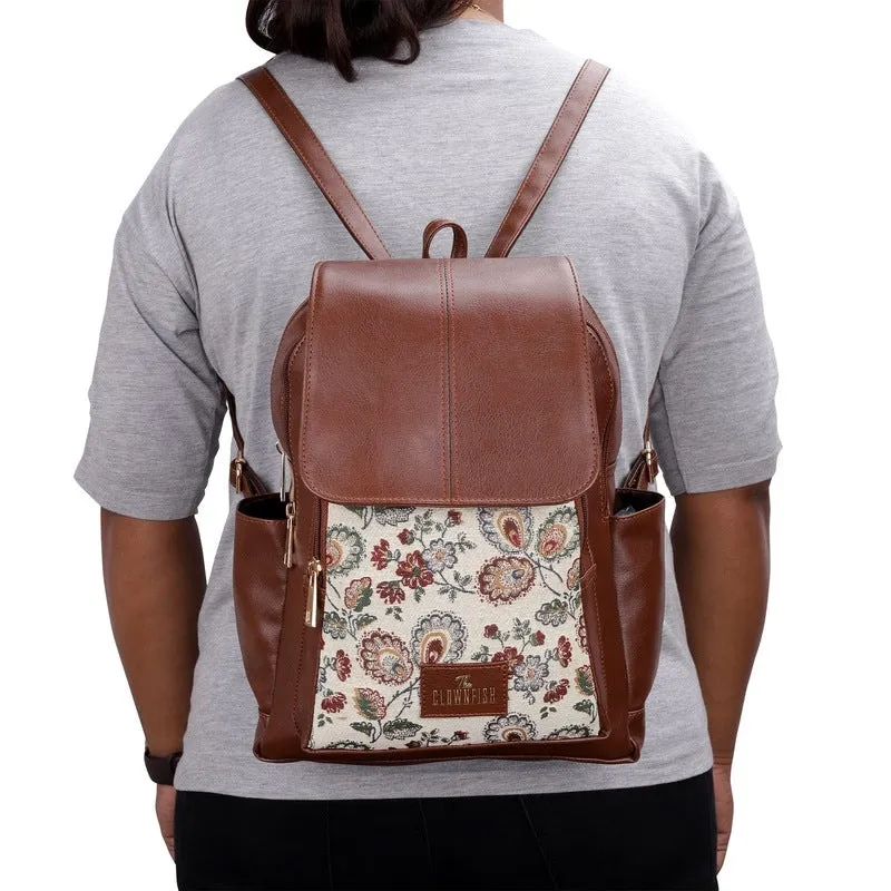 THE CLOWNFISH Medium Size Minerva Faux Leather & Tapestry Women's Standard Backpack College School Bag Casual Travel Standard Backpack For Ladies Girls (Dark Brown- Floral), 10 Litre