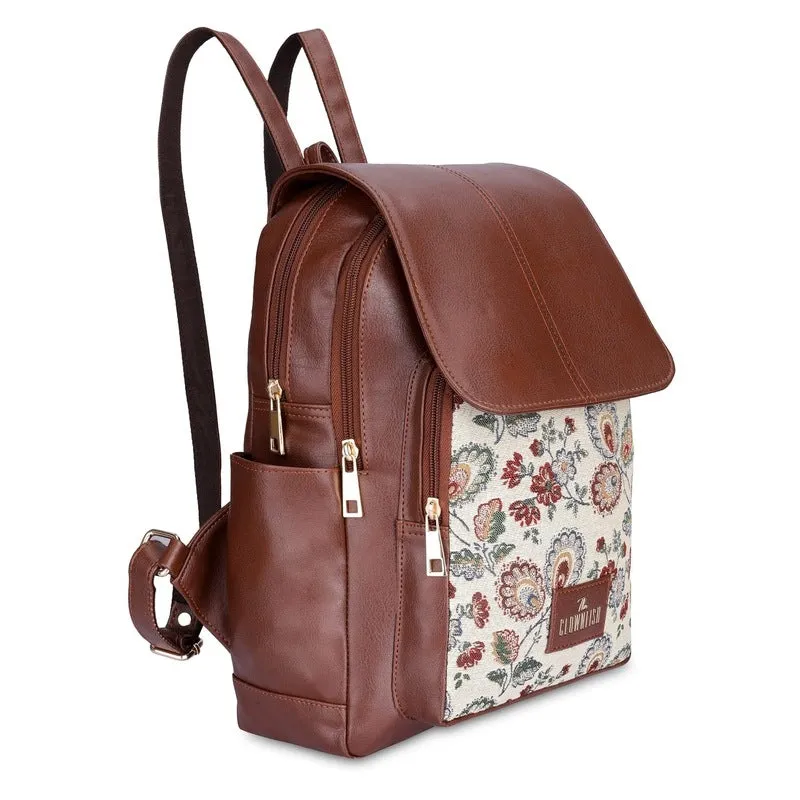 THE CLOWNFISH Medium Size Minerva Faux Leather & Tapestry Women's Standard Backpack College School Bag Casual Travel Standard Backpack For Ladies Girls (Dark Brown- Floral), 10 Litre