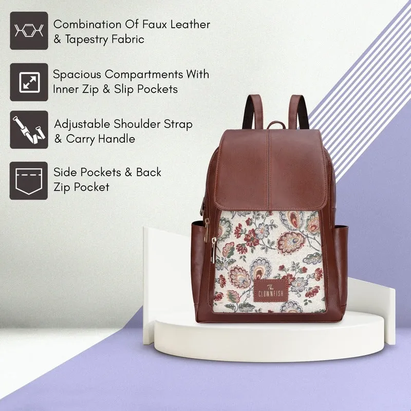 THE CLOWNFISH Medium Size Minerva Faux Leather & Tapestry Women's Standard Backpack College School Bag Casual Travel Standard Backpack For Ladies Girls (Dark Brown- Floral), 10 Litre