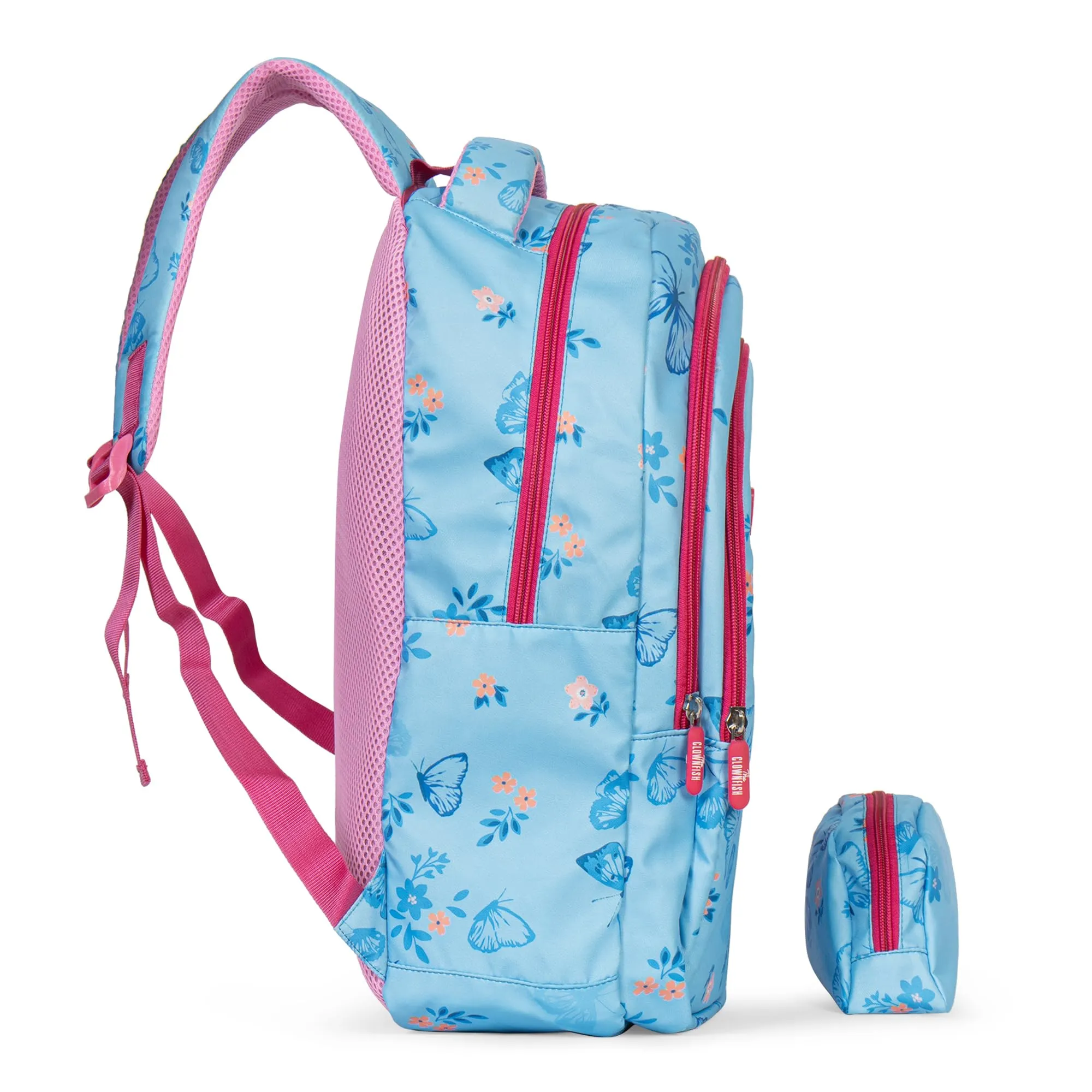 THE CLOWNFISH Scholastic Series Printed Polyester 30 L School Backpack with Pencil/Staionery Pouch School Bag Daypack Picnic Bag For School Going Boys & Girls Age 8-10 years (Blue - Pink)