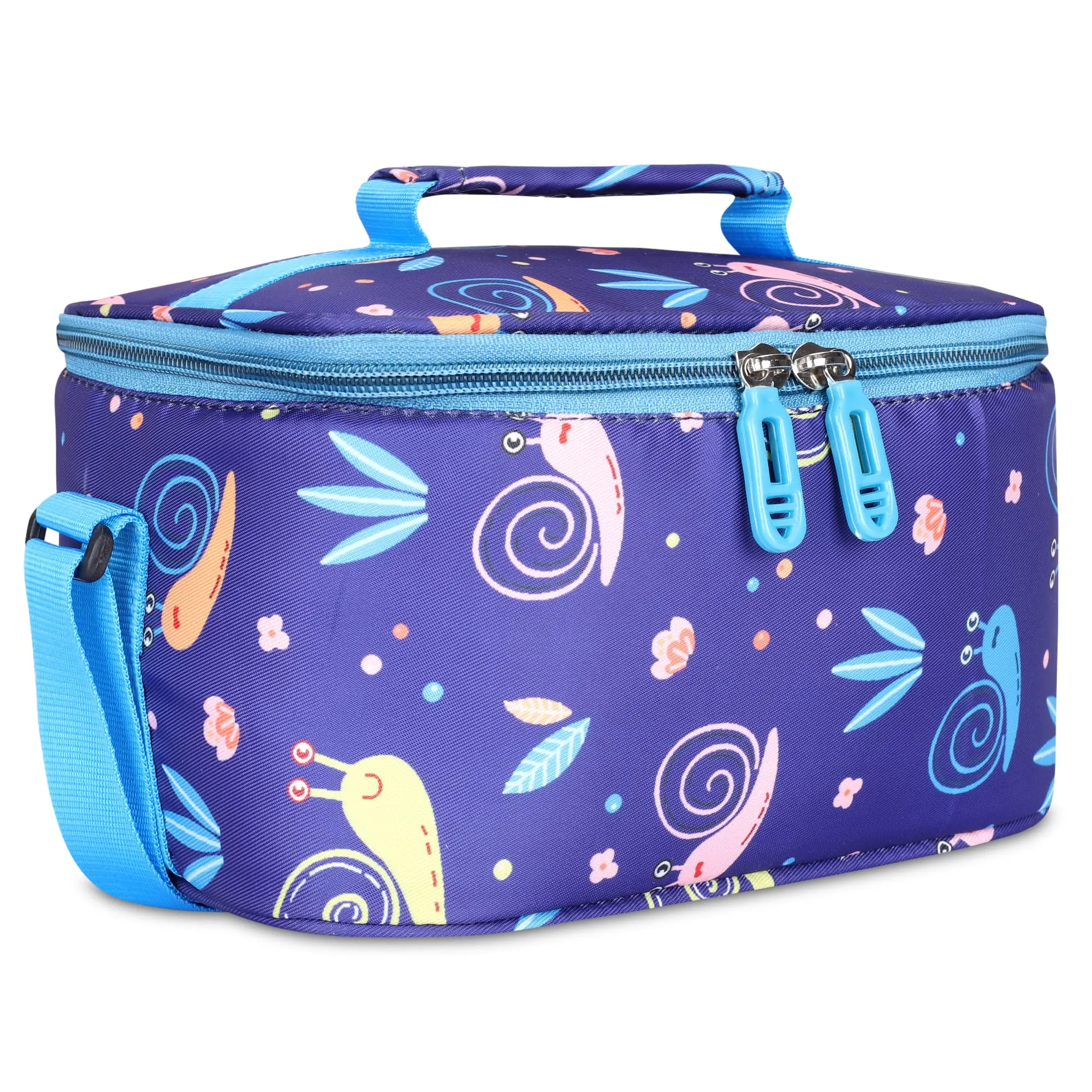 THE CLOWNFISH Snack Attack Series Polyester Printed Tiffin Carry Bag Lunch Bag Lunch Box Carrier Bag for School Picnic Travel Food Storage Bag (Navy Blue)