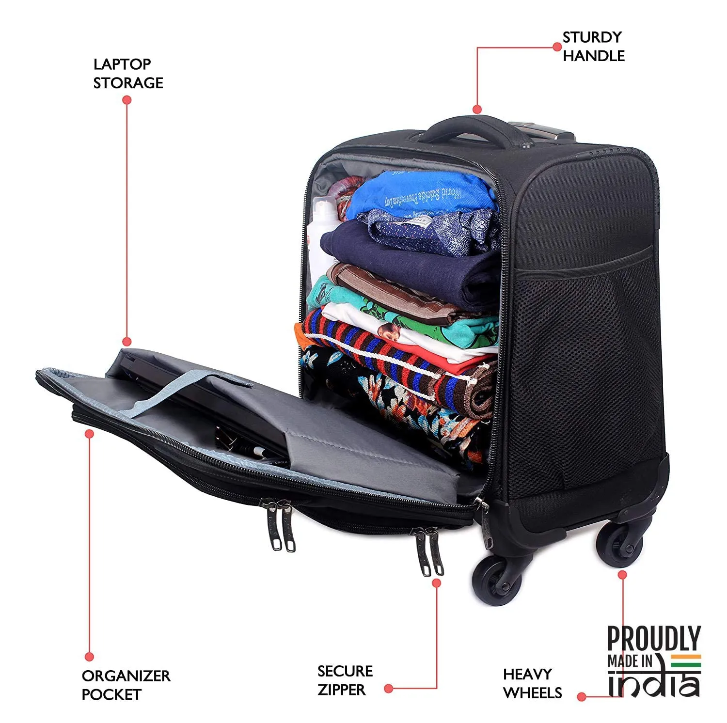 THE CLOWNFISH Wanderer Luggage Polyester Softsided Check-in Suitcase 4 Wheel Trolley Bag Laptop Roller Case (44 cms, Charcoal Black)