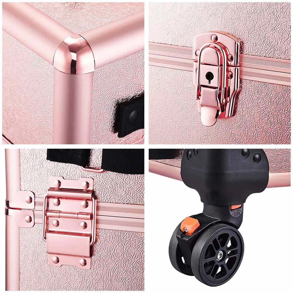 TheLAShop Rose Gold Rolling Makeup Case on Wheels Lockable 4 in 1