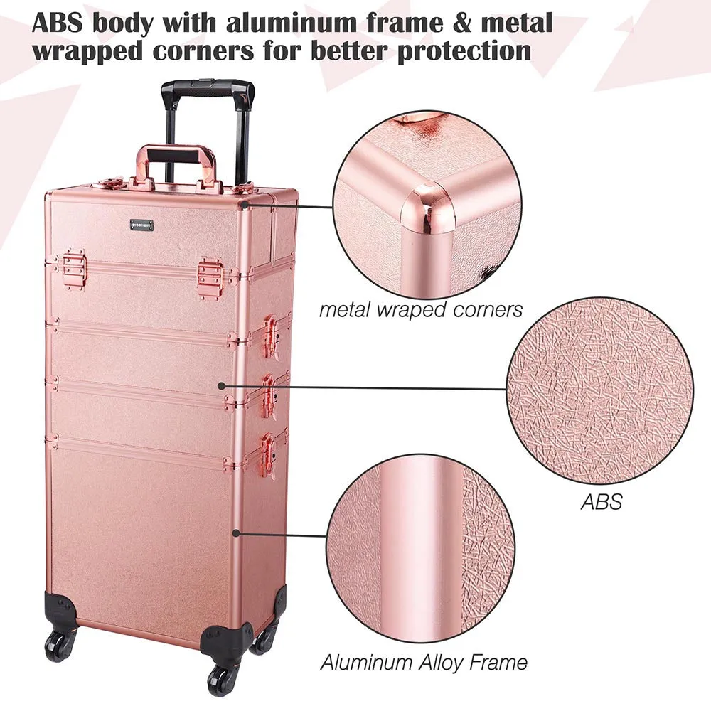 TheLAShop Rose Gold Rolling Makeup Case on Wheels Lockable 4 in 1