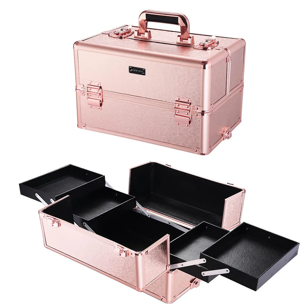 TheLAShop Rose Gold Rolling Makeup Case on Wheels Lockable 4 in 1