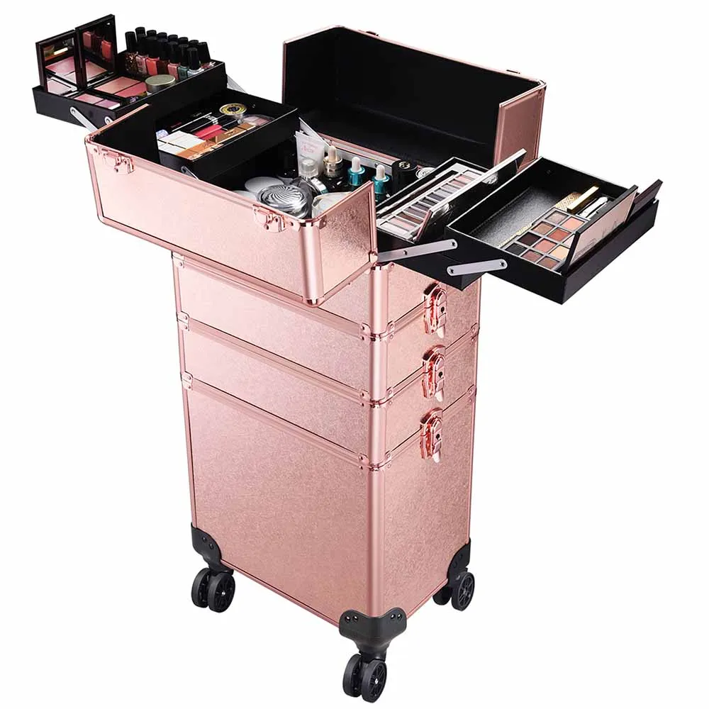 TheLAShop Rose Gold Rolling Makeup Case on Wheels Lockable 4 in 1