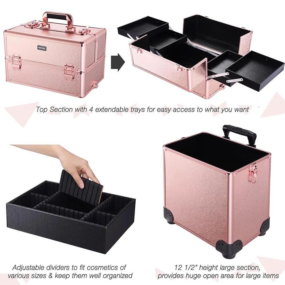 TheLAShop Rose Gold Rolling Makeup Case on Wheels Lockable 4 in 1