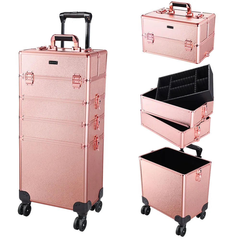 TheLAShop Rose Gold Rolling Makeup Case on Wheels Lockable 4 in 1