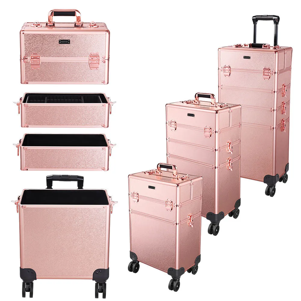 TheLAShop Rose Gold Rolling Makeup Case on Wheels Lockable 4 in 1